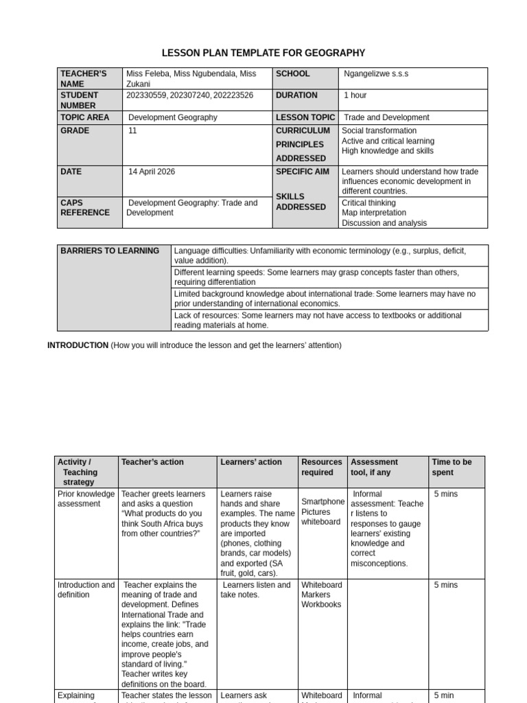 Lesson Plan Template For Geography For Lesson Delivery | PDF | Learning ...