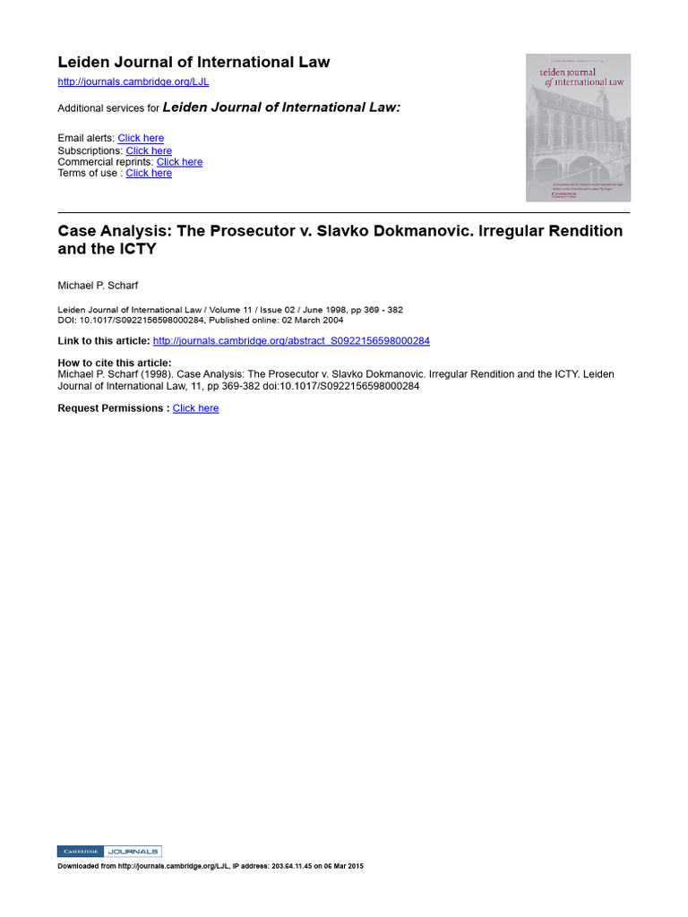 The Prosecutor v. Slavko Dokmanović. Irregular Rendition and the ICTY | PDF