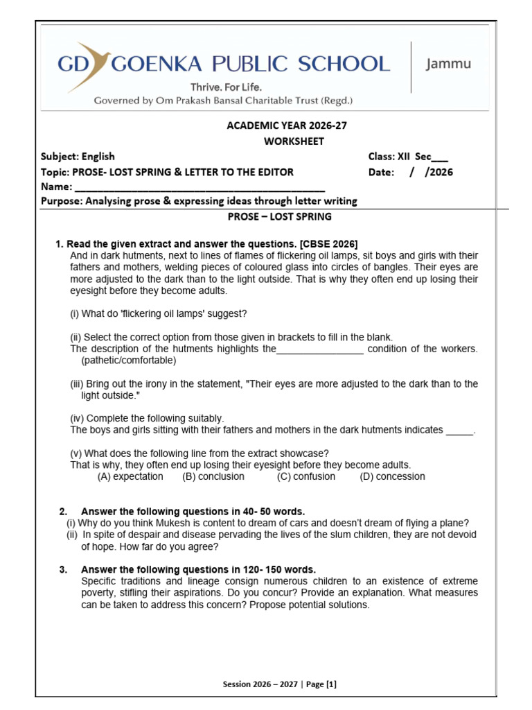 CL Xii Eng Lost Spring & Letter To Editor Wks | PDF | Adolescence ...