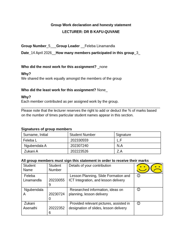 Group Work Declaration and Honesty Statement | PDF