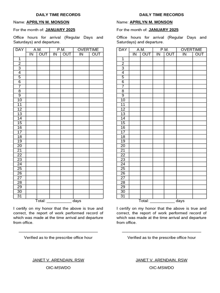 EXAMPLE OF THE DAILY TIME RECORDS THAT HELPS IN WORK OR IN OFFICE | PDF