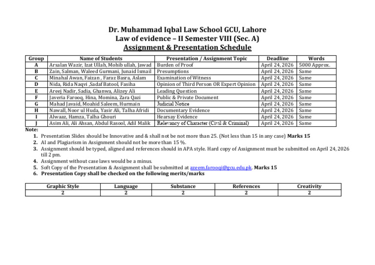 Assignment & Presentation Schedule-Evidence(a)2026 | PDF