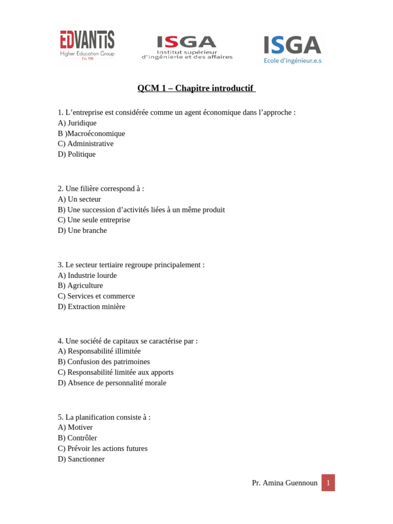 QCM - Chapitre Introductif | PDF | Business | Environnement naturel