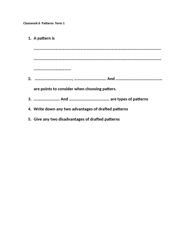 Patterns Classwork Form 1 2 | PDF