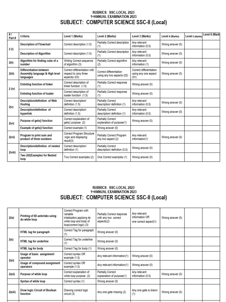 Computer SSC-II Rubrics Local by Waseem Aziz | PDF | Parameter ...