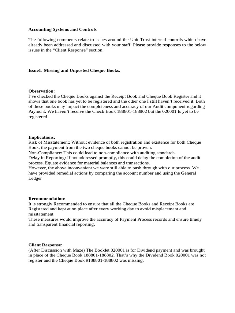 MGT LETTER sample | PDF | Cheque | Audit