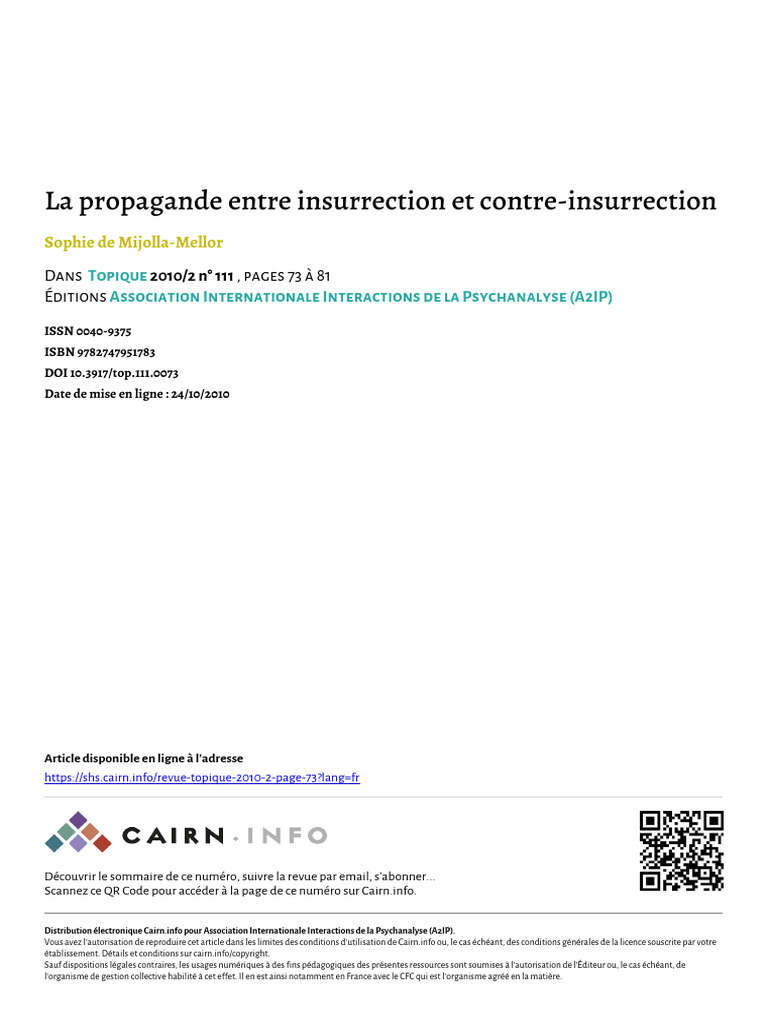 De Mijolla Mellor 2010 La Propagande Entre Insurrection Et Contre ...