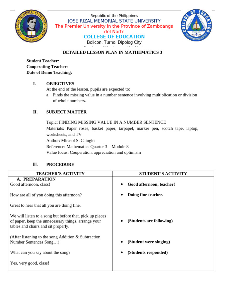 Detailed Lesson Plan in Mathematics 3 | PDF | Multiplication | Teachers
