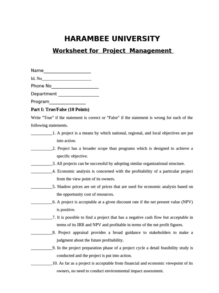 Project Management Worksheet (1) | PDF | Net Present Value | Internal ...