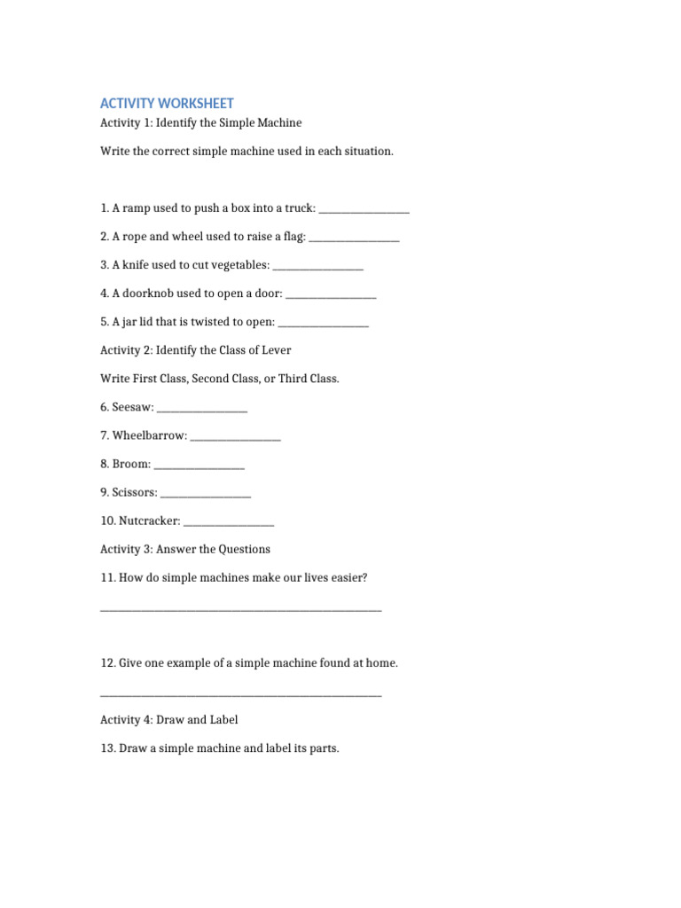 Grade 6 Simple Machines Activity Worksheet | PDF
