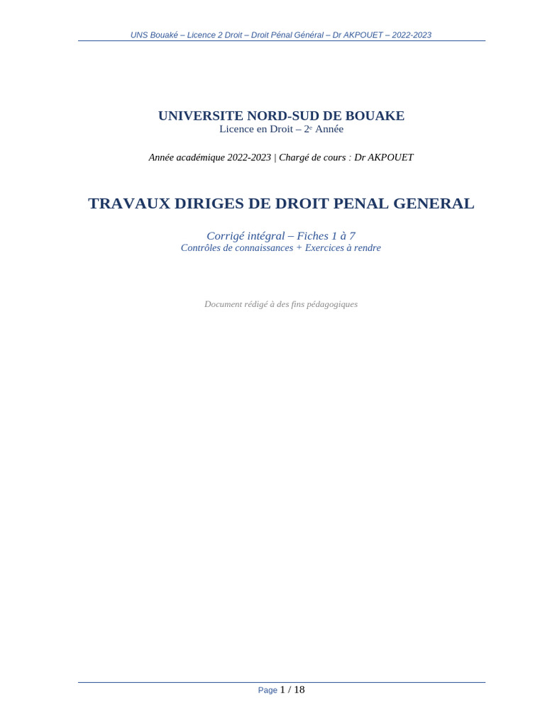 TD Droit Penal Corrige COMPLET | PDF | Crimes | Crime et violence