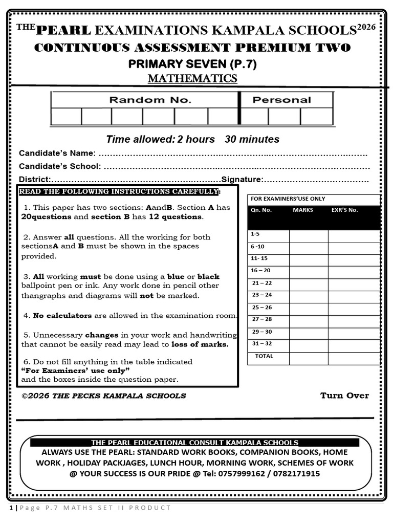 Pearl Exams p7 Mathematics Paper Term 1 Set 2 | PDF | Mathematics ...