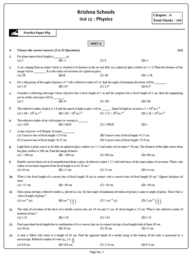 Practice Paper Phy t18206 1777727934 | PDF | Refraction | Refractive Index