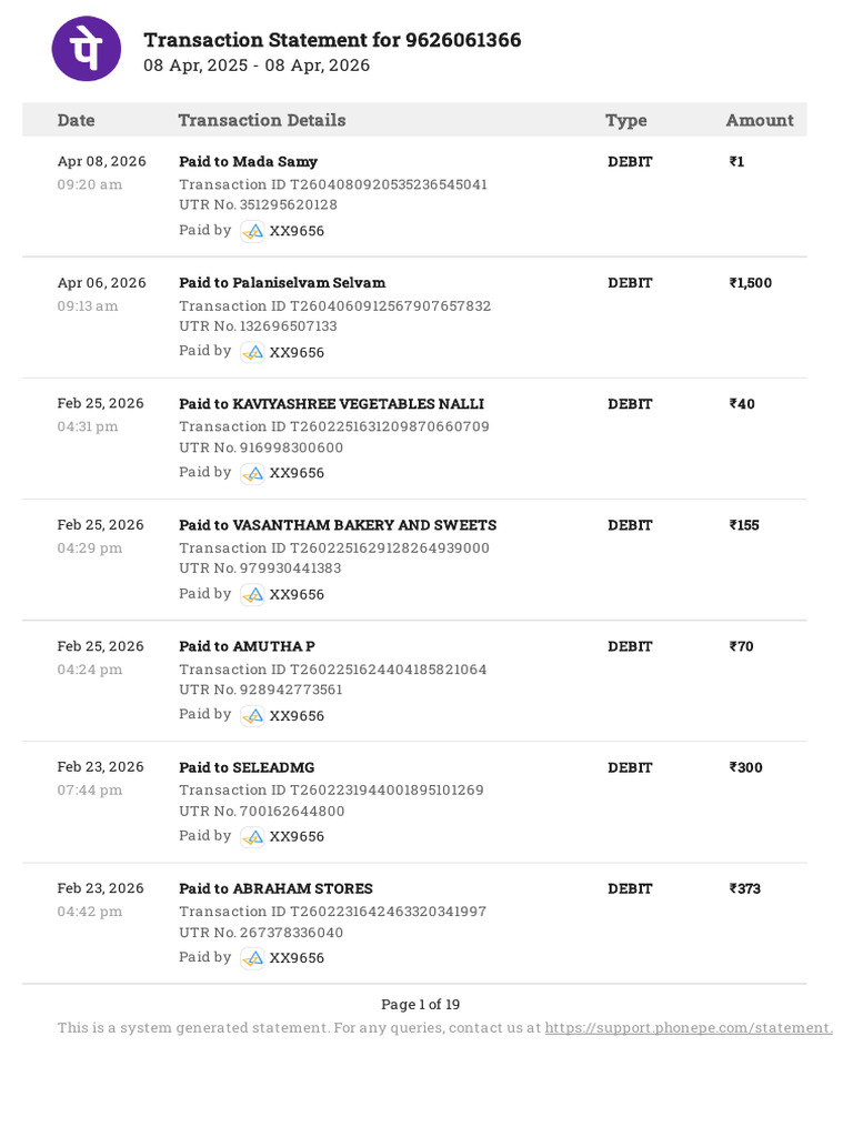 PhonePe Statement Apr2025 Apr2026 | PDF | Debit Card | Debits And Credits