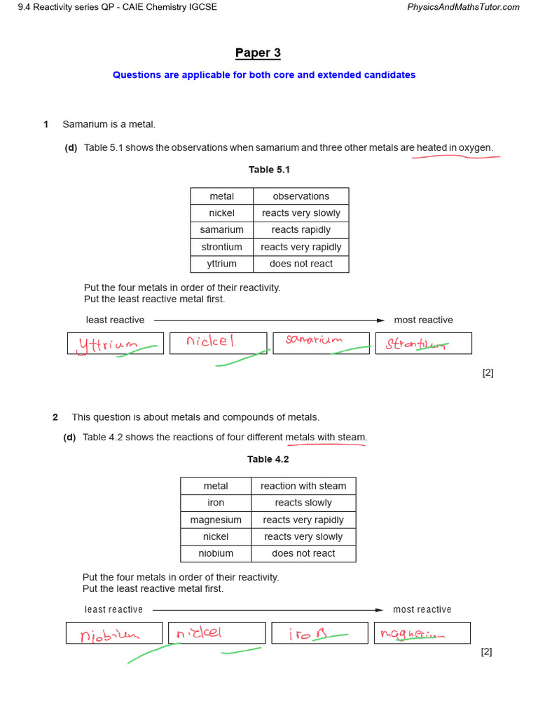 9.4 Reactivity Series QP | PDF | Metals | Reactivity (Chemistry)