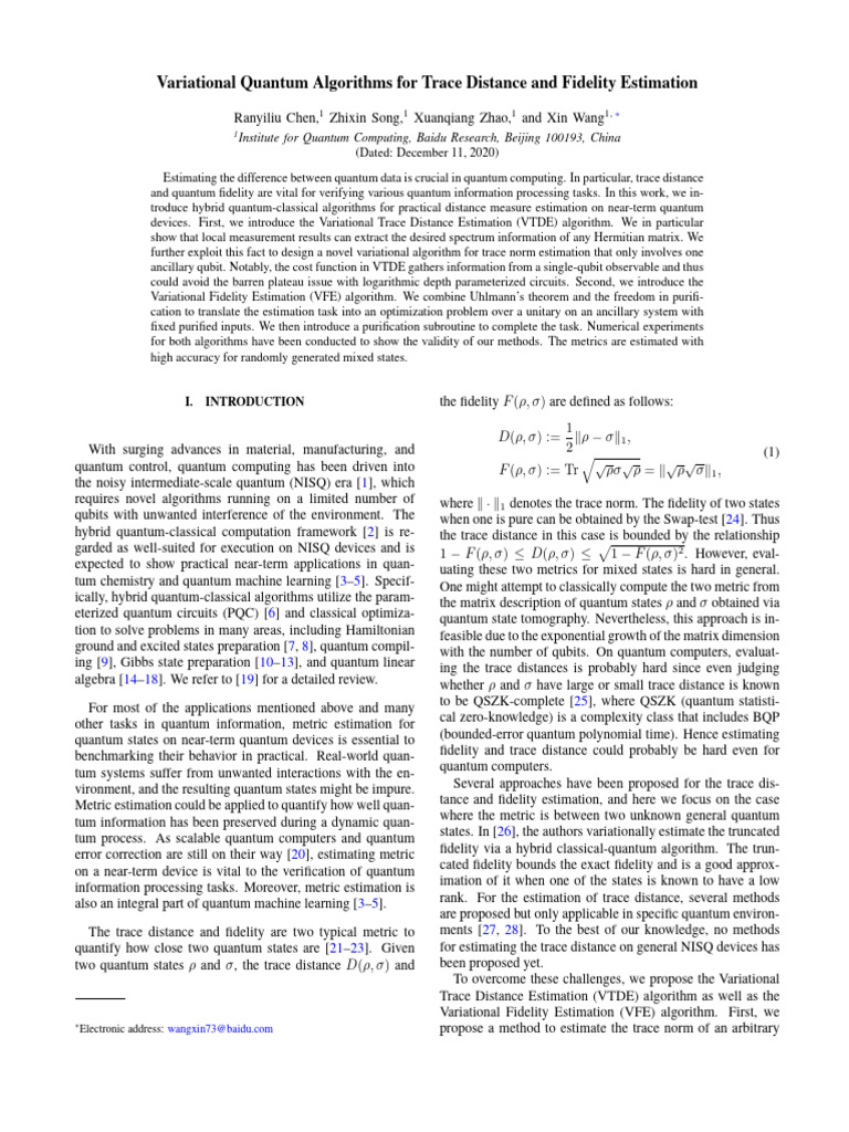 Variational Quantum Algorithms for Trace Distance | PDF | Quantum ...