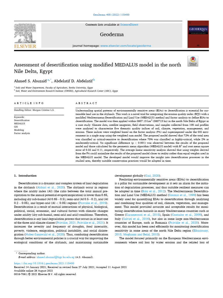Assessment of Desertification Using Modified MEDALUS Model in the North ...