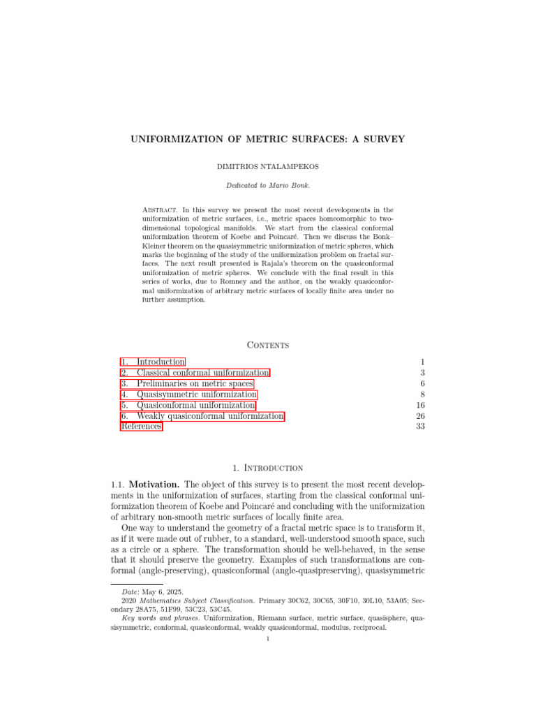 Uniformization of Metric Surfaces a Survey-1 | PDF