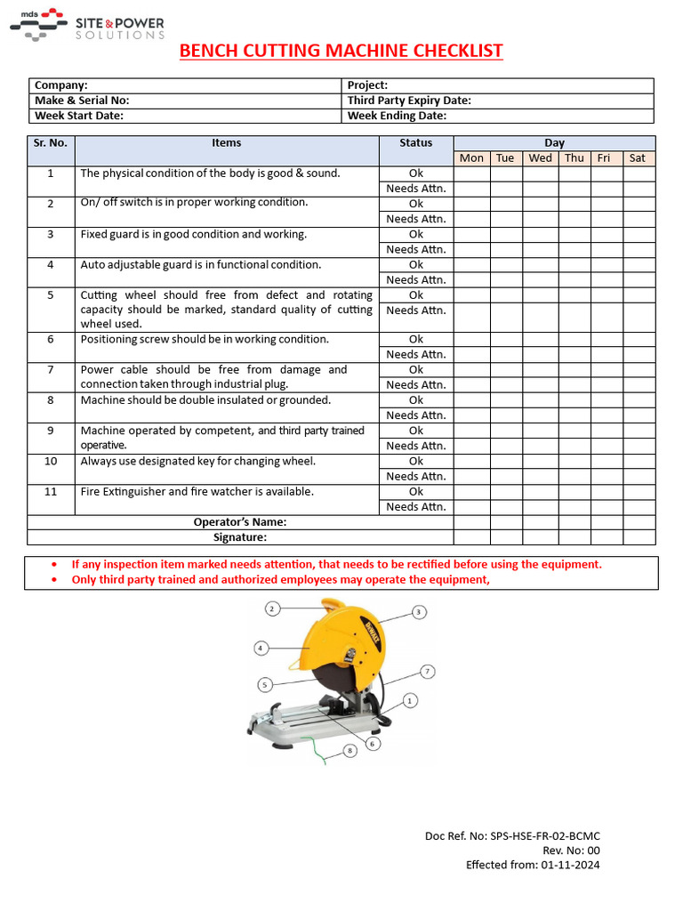 Bench Cutting Machine Checklist | PDF | Machines | Electric Power