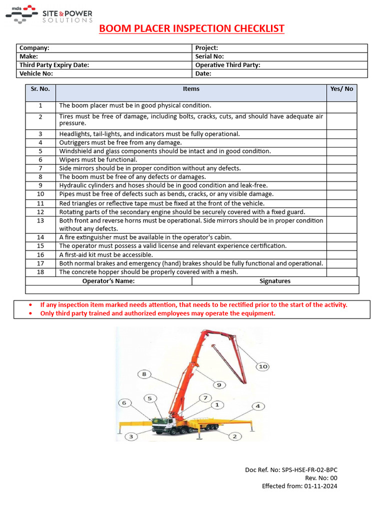 Boom Placer Inspection Checklist | PDF | Vehicles | Vehicle Technology