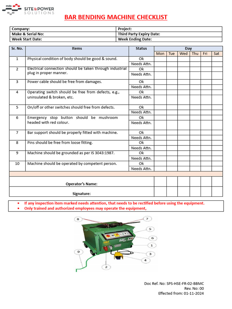 Bar Bending Machine Checklist | PDF | Electric Power | Electrical Wiring