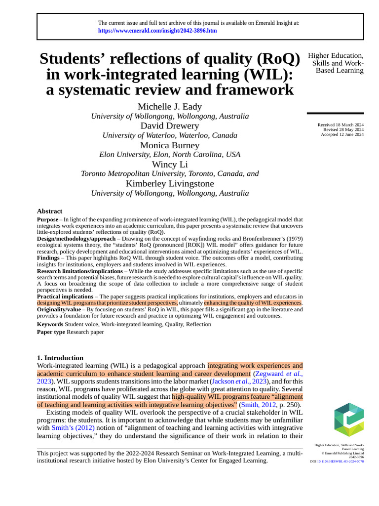 Students' reflections of quality (RoQ) in work-integrated learning ...