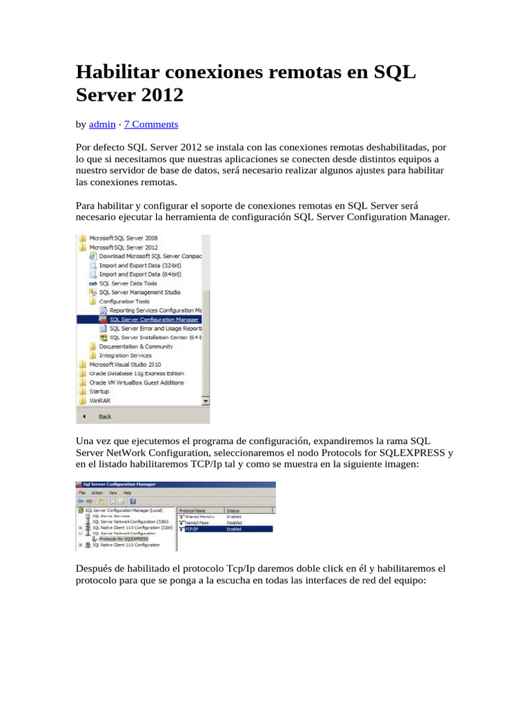 Habilitar Conexiones Remotas en SQL Server 2012 | PDF