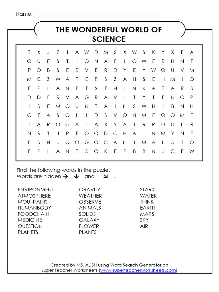 Wordsearch the Wonderful World of Science | PDF | Word Search | Solar ...