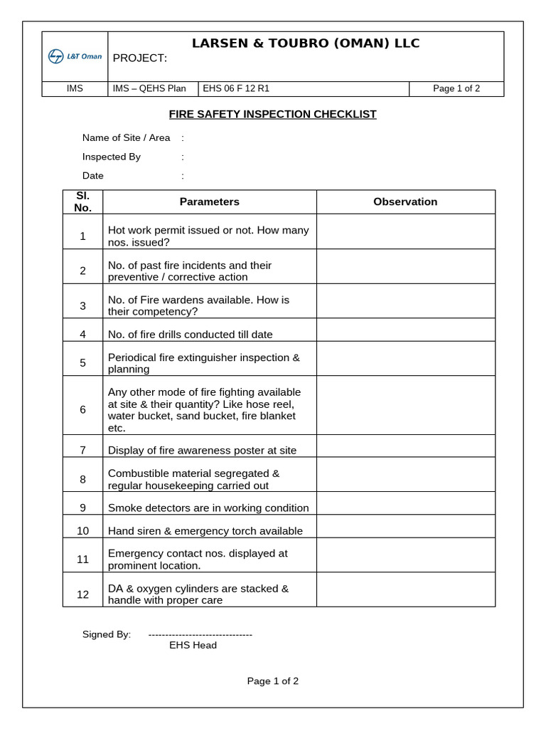 EHS 06 F 12 R1 - Fire Safety Inspection Checklist | PDF
