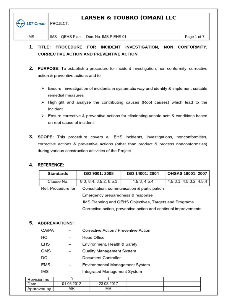 IMS P EHS 01 - Incident Investigation Procedure | PDF | Occupational ...