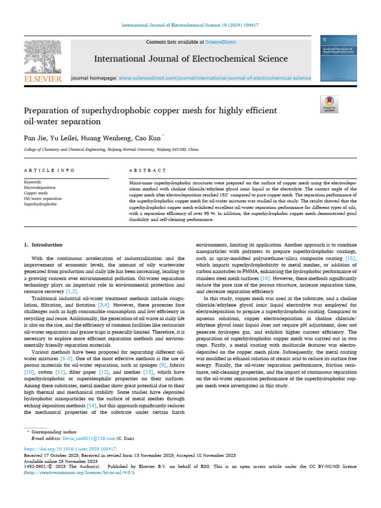 Preparation of Superhydrophobic Copper Mesh for Highly Efficient | PDF ...