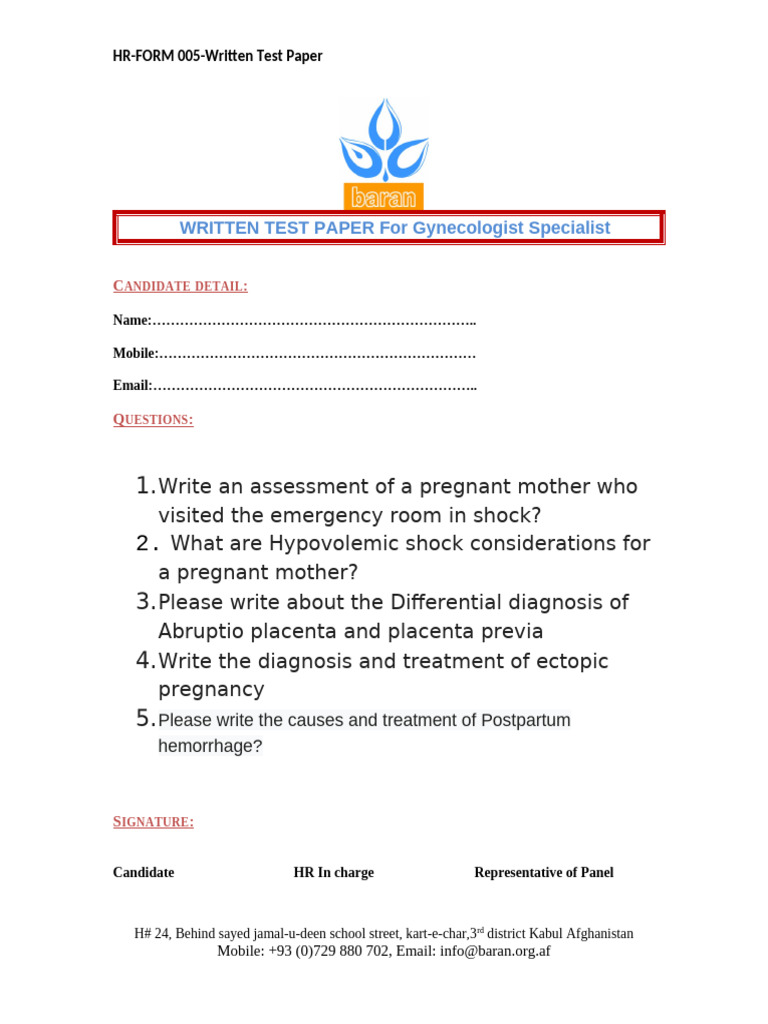 HR Form 005 - BARAN Written Test PAPER For Gynecologist Specialist ...