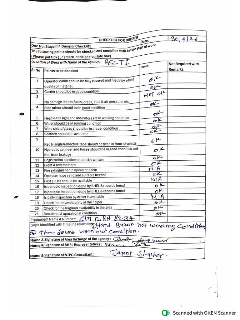 Dumper Inspection Report 24.04.26 | PDF