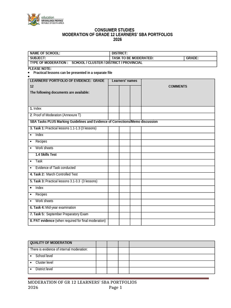 Moderation of Gr 12 Learner Sba Portfolios 2026 | PDF