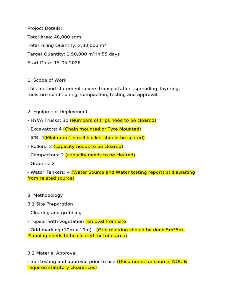 Method Statement For Earth Filling Work | PDF
