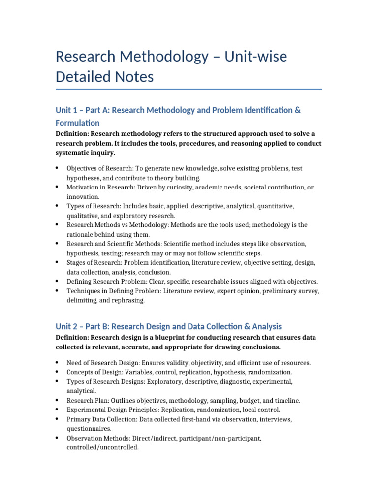 Research Methodology Notes Unit1 Unit2 (1) | PDF | Methodology ...