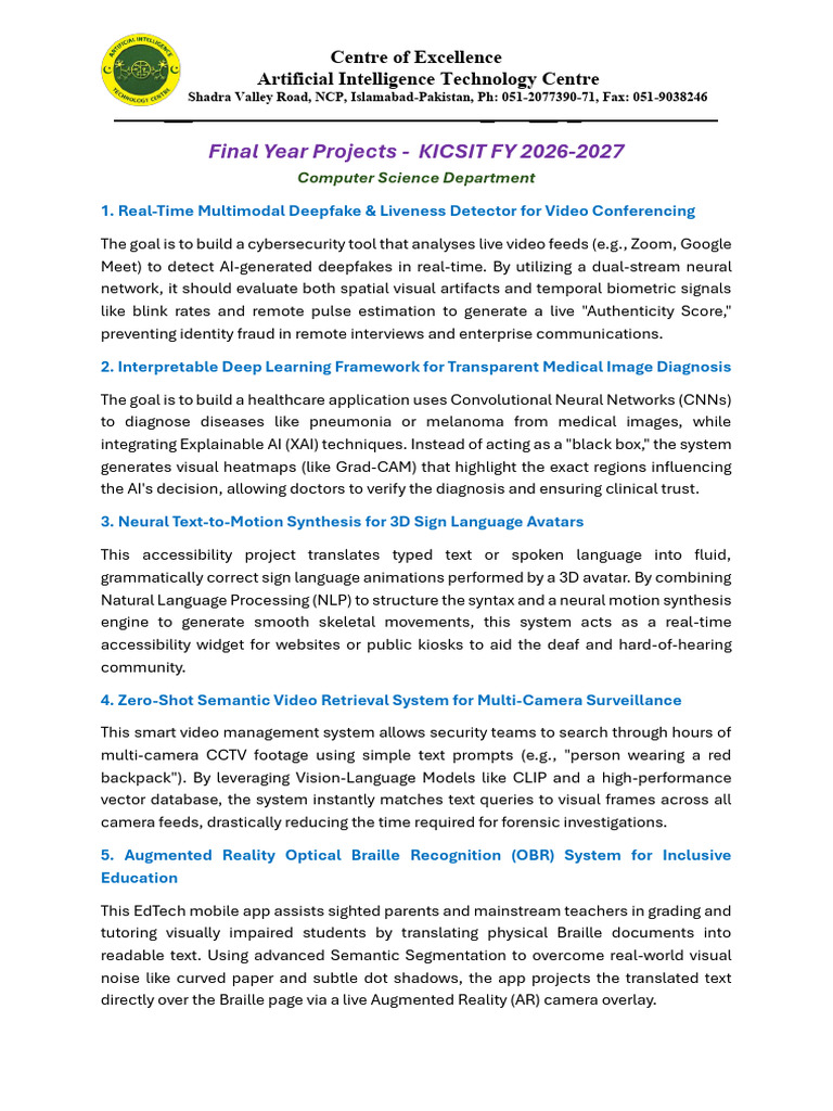 Industrial Final Year Project Spring 2026 | PDF | Artificial ...