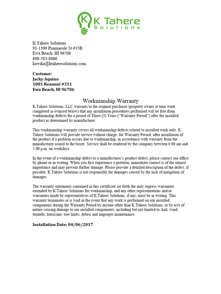 Workmanship Warranty | PDF