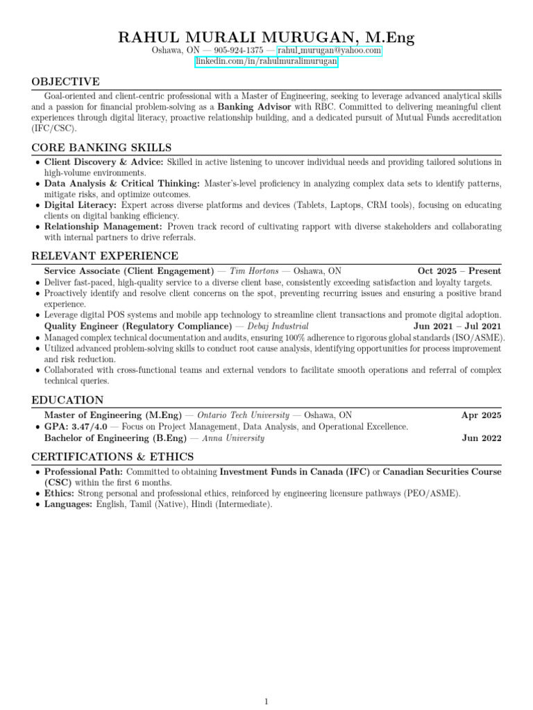 Rahul Murali Murugan Resume Rbc | PDF
