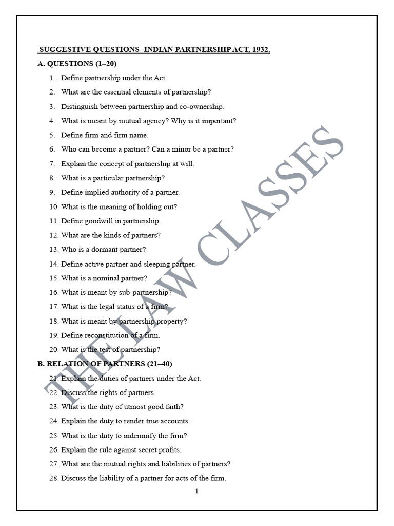 Suggestive Questions Partenship | PDF | Partnership | Legal Liability