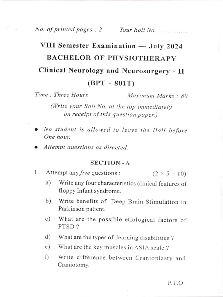 BPT 8th Semester Scan Question Paper, 2024 | PDF