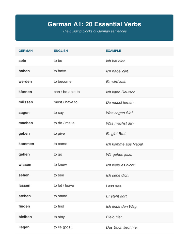 German A1 Common Verbs | PDF