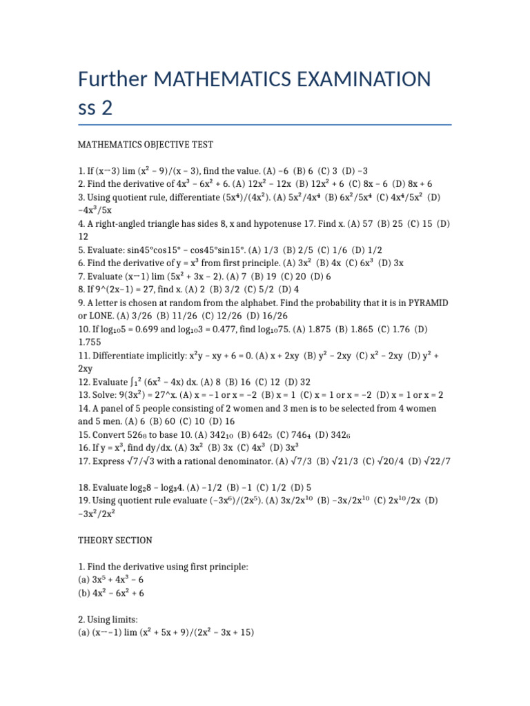 Ss2 Further Maths | PDF