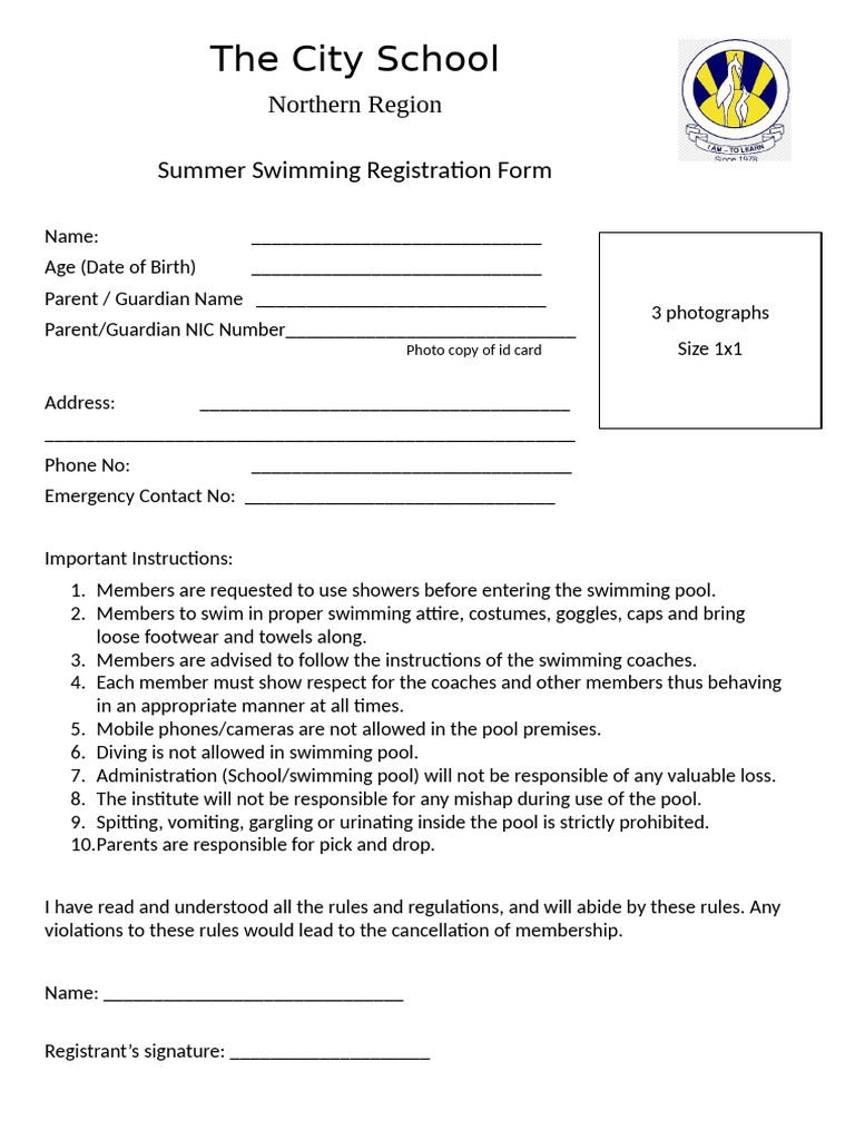 Swimming Registration Form | PDF