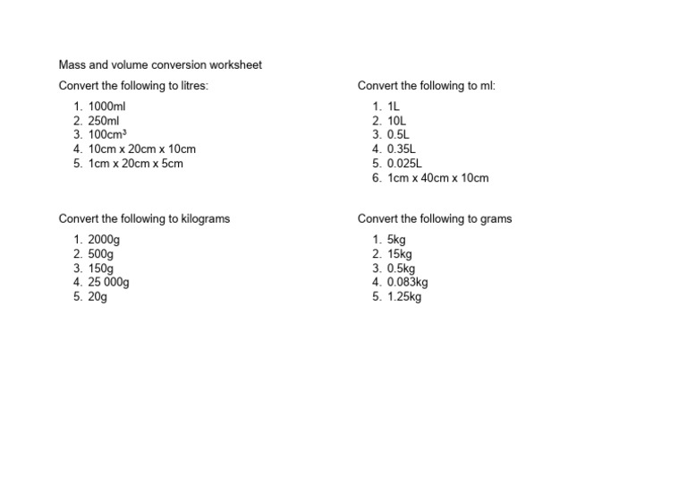 Mass and Volume Conversion Worksheet Questions | PDF