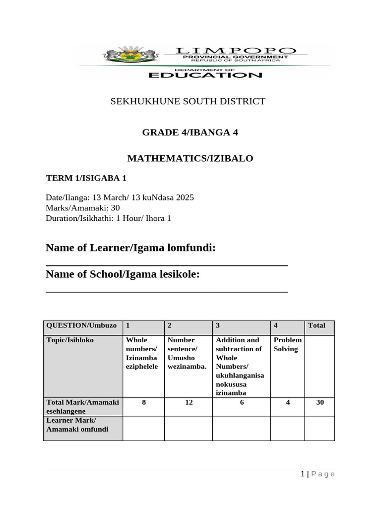 2025 Mathematics Gr4 Term 1 ISiZulu | PDF | Mathematics