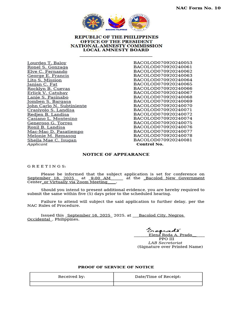 [NAC Form No. 10] Notice of Appearance (Application) | PDF