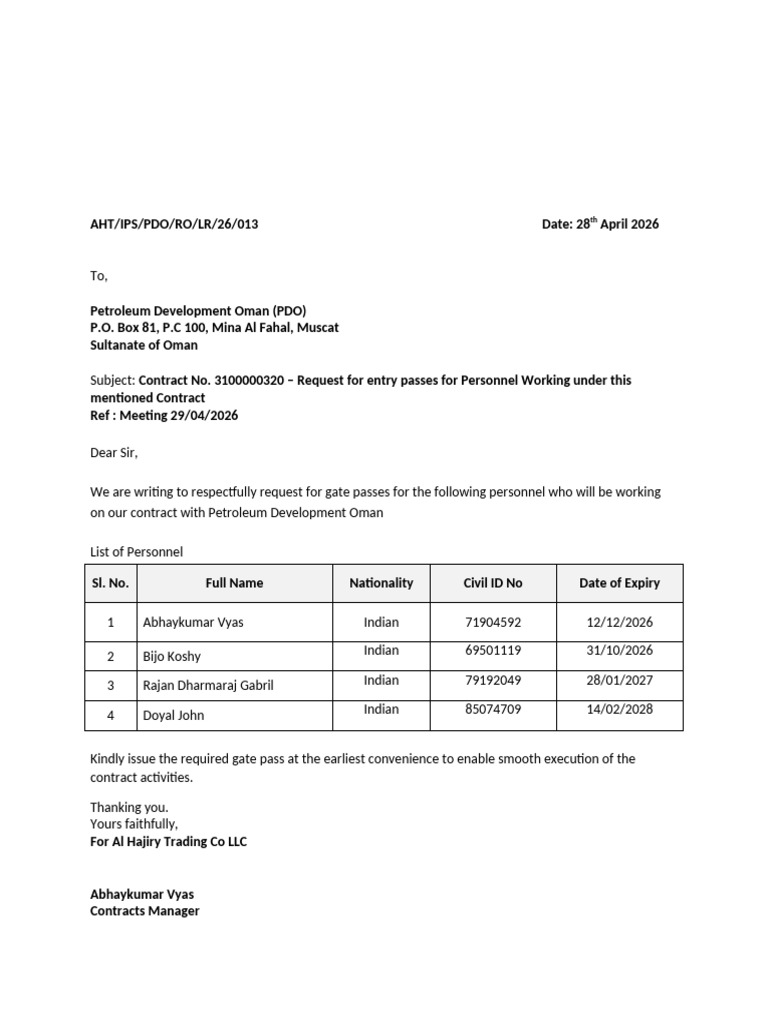 Covering Letter - Request for Gate Pass (1) | PDF