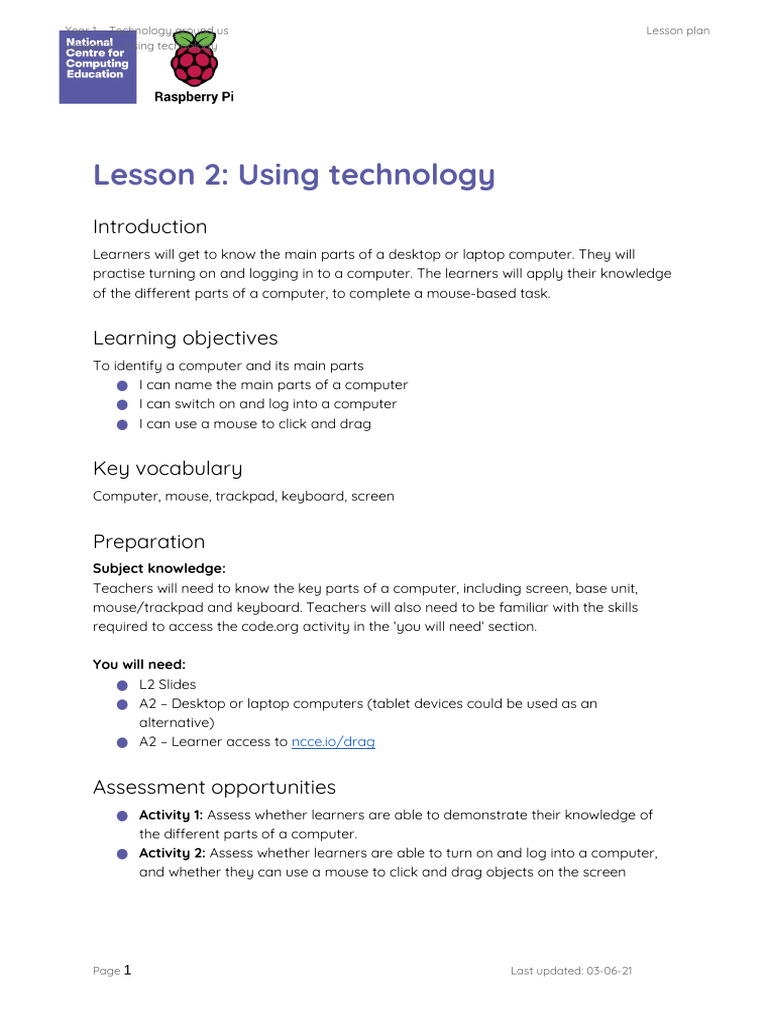 L2 Lesson plan – Technology around us – Y1 | PDF | Learning | Laptop