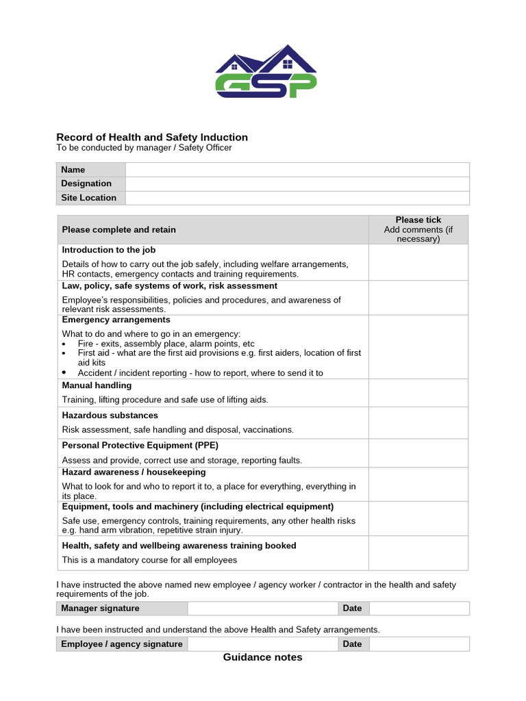 Health and Safety Induction Checklist | PDF | Occupational Safety And ...